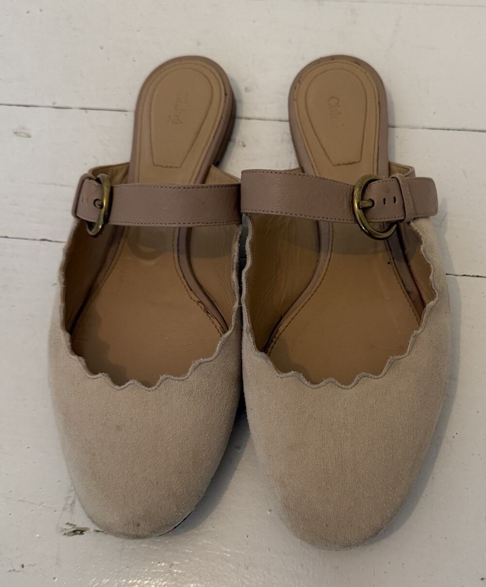 Chloe Lauren Scalloped Beige Tan Suede Leather Mary Jane Flats EU 38.5 US 7.5